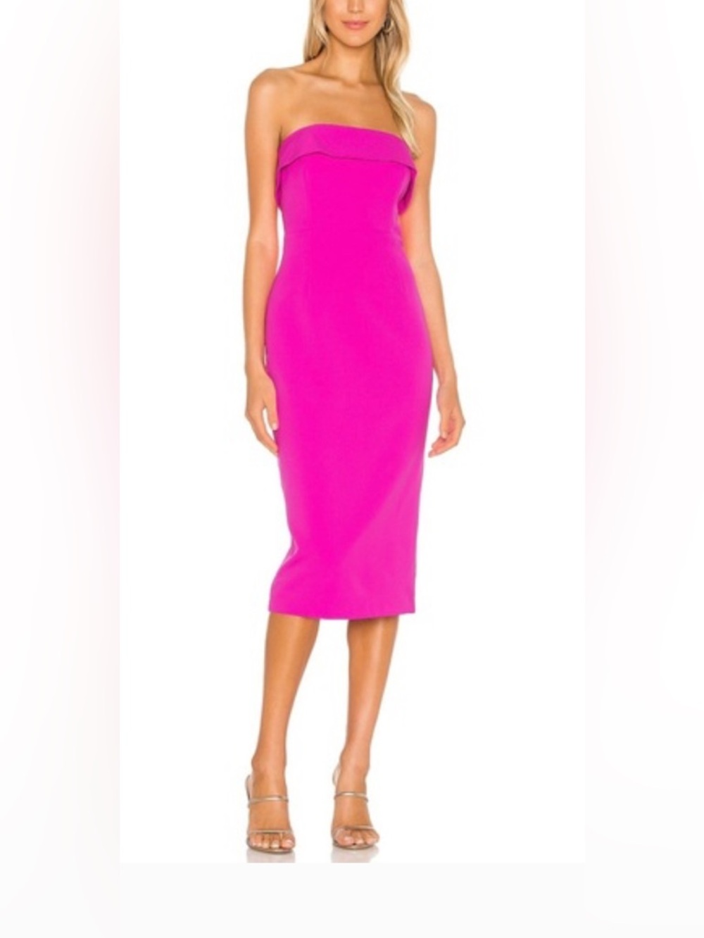 Bardot Strapless Midi Dress in Hot Pink